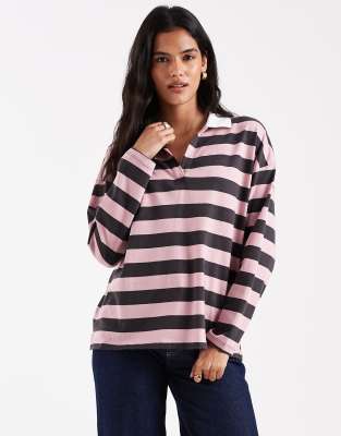 ASOS DESIGN - Langärmeliges Rugby-T-Shirt mit Streifen in Schokobraun und Mauve-Brown