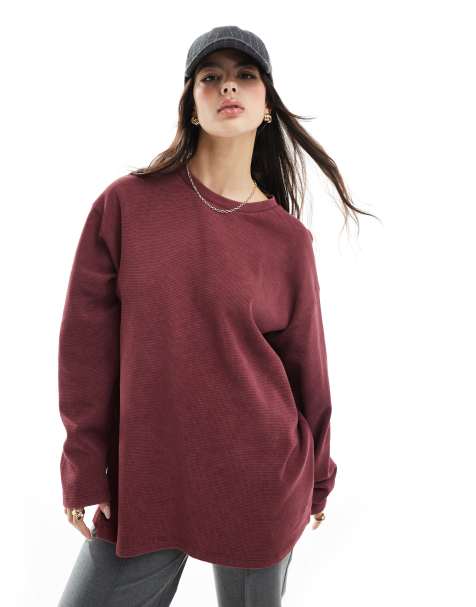 ASOS DESIGN – Langärmeliges Skater-T-Shirt in gewaschenem Burgunderrot mit Waffelstruktur - view 1