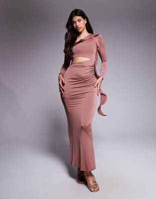 ASOS DESIGN - Langärmeliges, strukturiertes Midikleid in Kastanienbraun mit Rüschen und Cut-out-Detail-Brown