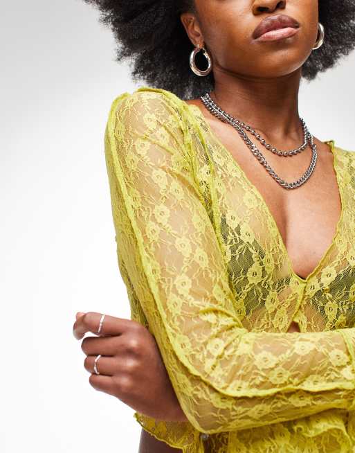 ASOS DESIGN – Langärmeliges Top aus fließender Spitze in Limettengrün, 3 von 4
