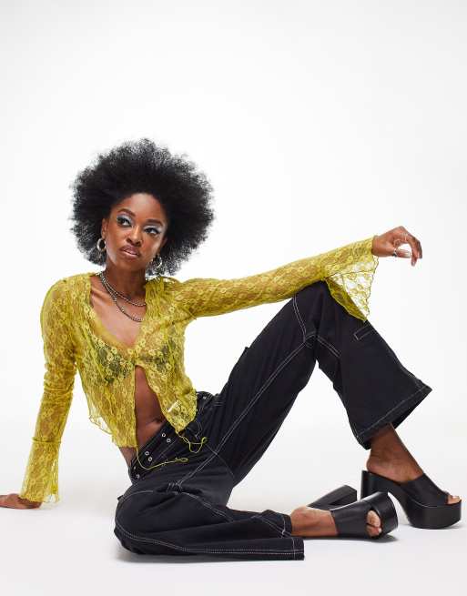 ASOS DESIGN – Langärmeliges Top aus fließender Spitze in Limettengrün, 4 von 4
