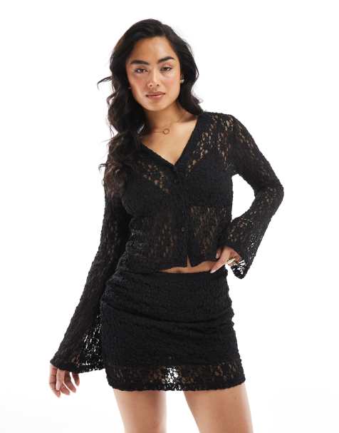 ASOS DESIGN – Langärmlige, ausgestellte Strickjacke in Schwarz mit Spitze, Kombiteil - view 1