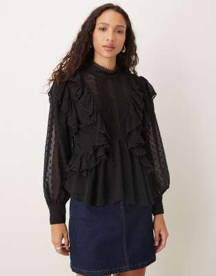 ASOS DESIGN - Langärmlige Bluse in Schwarz mit Rüschen und Stickerei