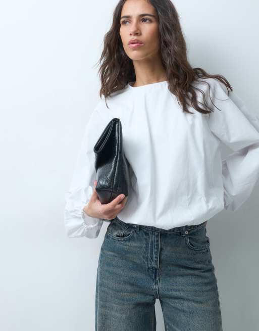 ASOS DESIGN langärmlige Bluse mit Ballonsaum in Weiß, 5 von 5