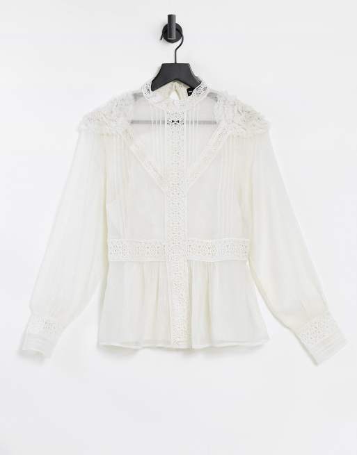 ASOS DESIGN – Langärmlige Chiffon-Bluse mit Spitzenbesatz in Elfenbein