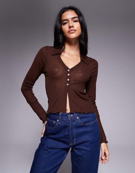 ASOS DESIGN – Langärmlige, halbtransparente Hemdbluse in Schokobraun - view 1