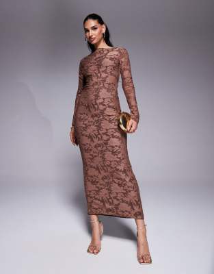 ASOS DESIGN - Langärmlige Midikleid in Schokobraun mit Ausbrennermuster und silberfarbenem Metallbesatz am Rücken