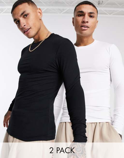 ASOS DESIGN – Langärmlige Muskelshirts mit Rundhalsausschnitt im 2er-Pack