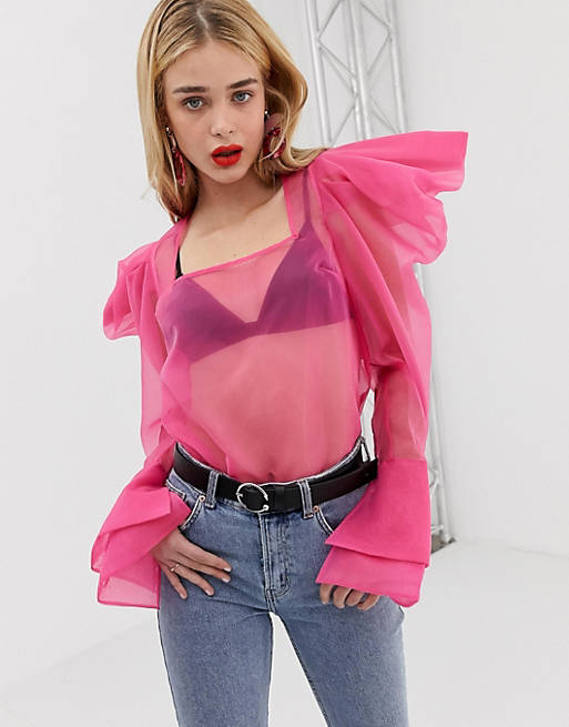 ASOS DESIGN – Langärmlige Organza-Bluse in Neon mit Puffärmeln