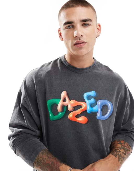 ASOS DESIGN – Langärmlige Oversize-T-Shirt in verwaschenem Schwarz mit mehrfarbigem Frontprint