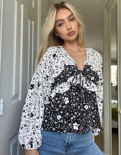 ASOS DESIGN – Langärmlige Rüschenbluse mit Blumenprintmix