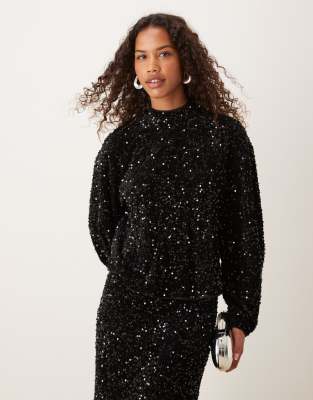 ASOS DESIGN - Langärmlige Samt-Bluse in Schwarz mit Rückenausschnitt und Paillettenbesatz, Kombiteil