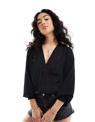 Thumbnail - ASOS DESIGN - Langärmlige, schwarze Bluse mit Brusttasche