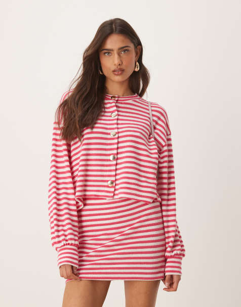 ASOS DESIGN – Langärmlige Strickjacke in dunkelrosa gestreift, Kombiteil - view 1