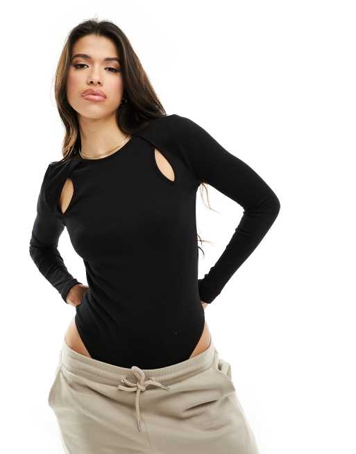 ASOS DESIGN – Langärmliger Baumwoll-Body in Schwarz mit Zierausschnitt an den Schultern