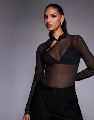 ASOS DESIGN - Langärmliger Body aus durchscheinendem Netzstoff in Schwarz mit Besatz und Schlaufen-Details