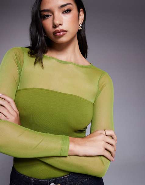 ASOS DESIGN – Langärmliger Body in Olivgrün mit Einsätzen aus Netzstoff-Mix - view 1