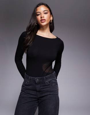 ASOS DESIGN - Langärmliger Body in Schwarz mit Netzstoffeinsatz