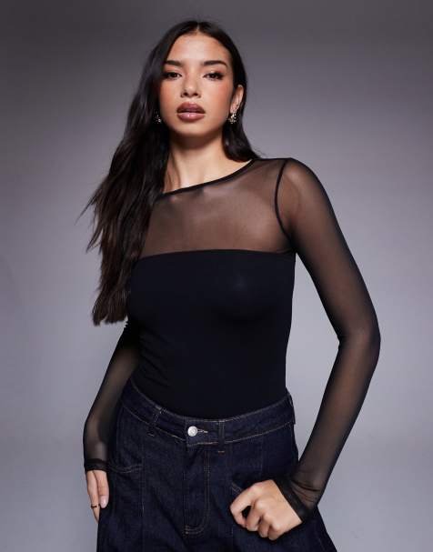 ASOS DESIGN – Langärmliger Body mit Einsätzen aus Netzstoff-Mix in Schwarz - view 1
