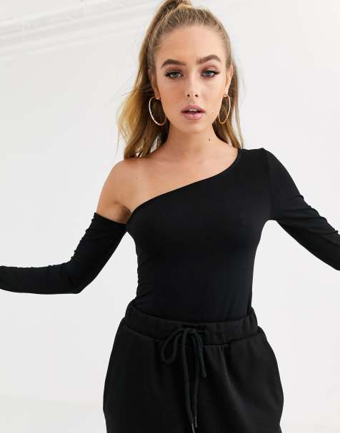 ASOS DESIGN – Langärmliger Body mit One-Shoulder-Träger in Schwarz