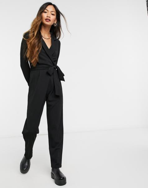 ASOS DESIGN – Langärmliger Jumpsuit aus Kreppstoff im Smokingstil mit Taschen, in Schwarz - view 1