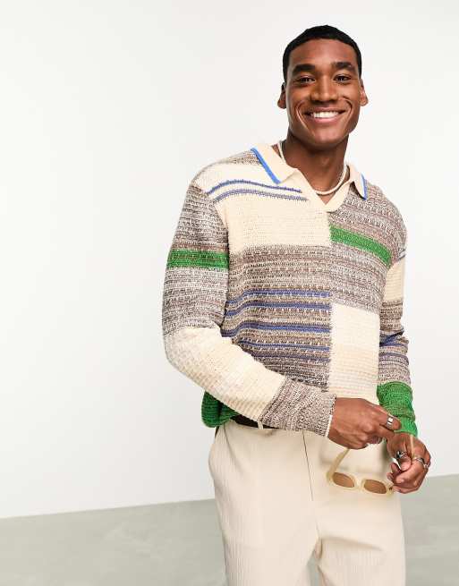 ASOS DESIGN – Langärmliger, mehrfarbiger Pullover mit verschiedenen Strukturen und Einkerbung am Halsausschnitt
