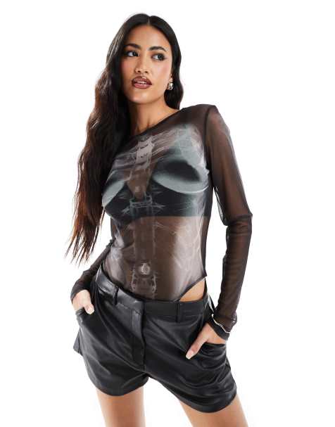 ASOS DESIGN – Langärmliger Netzstoff-Body mit Skelettprint - view 1