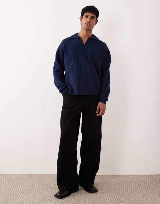 ASOS DESIGN – Langärmliger Oversize-Polopullover in Marineblau aus Rippstrick mit eingekerbtem Ausschnitt, 2 von 5