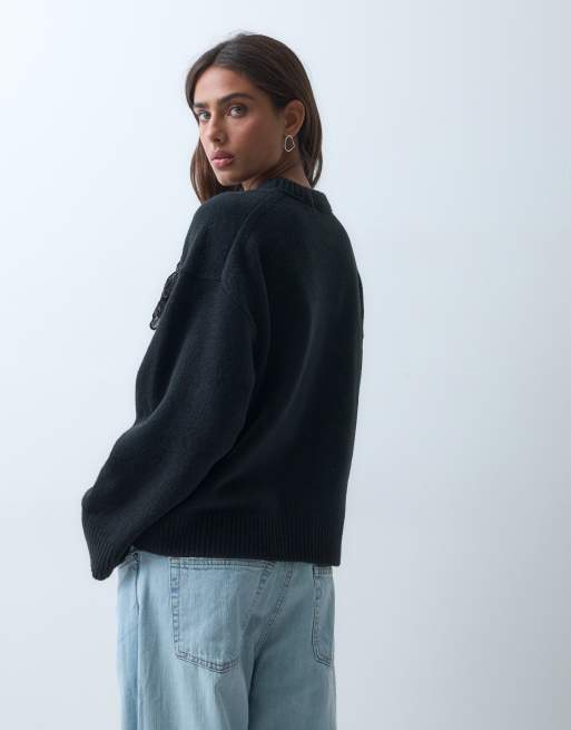 ASOS DESIGN langärmliger Pullover mit Blumenstickerei-Detail in Schwarz, 5 von 5