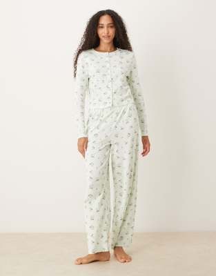 ASOS DESIGN - Langärmliger Pyjama mit Loch- und Mistelmuster-Rosa