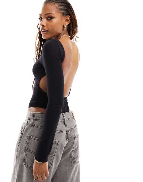 ASOS DESIGN – Langärmliger, rückenfreier Body in Schwarz - view 1