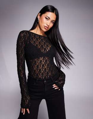 ASOS DESIGN - Langärmliger Spitzen-Body in Schwarz mit tiefem Rückenausschnitt-Brown