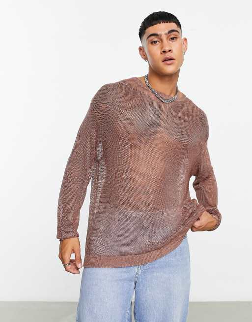 ASOS DESIGN – Langärmliger Strickpullover aus Metallic-Netzstoff in Bronze 