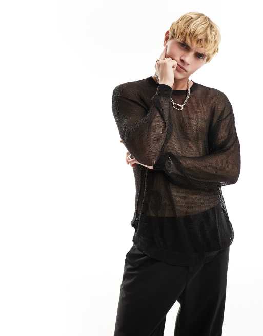 ASOS DESIGN – Langärmliger, Strickpullover aus Netzstoff in Schwarz