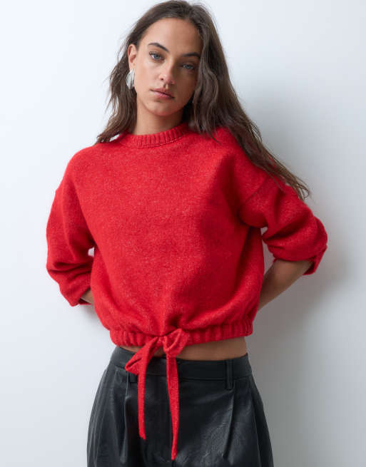 ASOS DESIGN langärmliger Strickpullover mit Bindegürtel in der Taille in Rot, 5 von 9