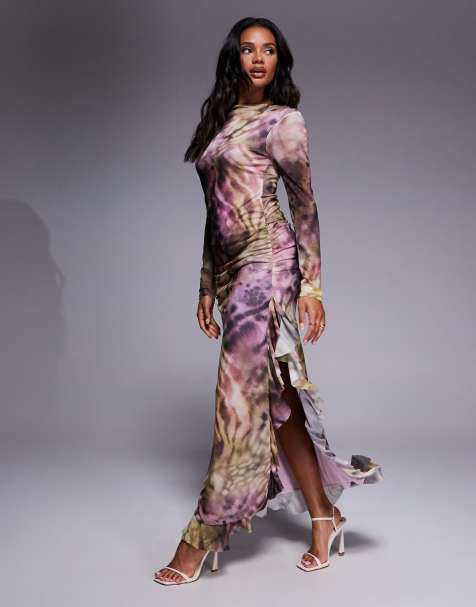 ASOS DESIGN – Langärmliges A-Linien-Maxikleid aus Mesh mit gerafften Details und Tierfellmuster - view 1
