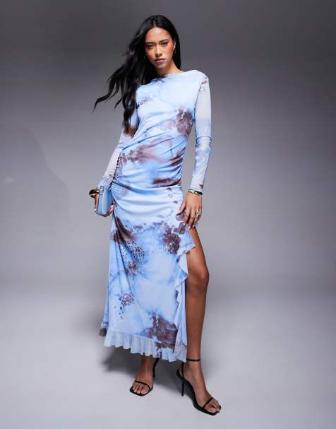 ASOS DESIGN – Langärmliges A-Linien-Maxikleid aus Netzstoff in geblümtem Blau mit Rüschen - view 1