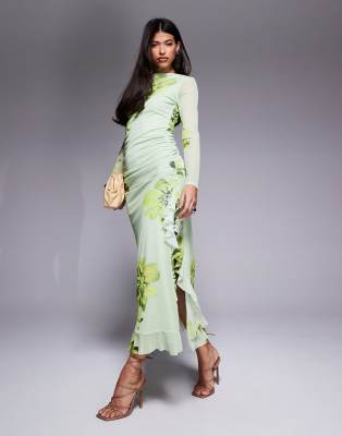 ASOS DESIGN - Langärmliges A-Linien-Maxikleid in Grün geblümt aus Netzstoff mit Rüschen-Bunt