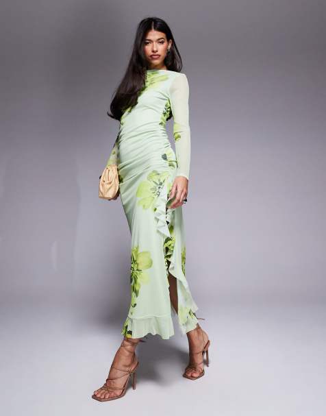 ASOS DESIGN – Langärmliges A-Linien-Maxikleid in Grün geblümt aus Netzstoff mit Rüschen - view 1