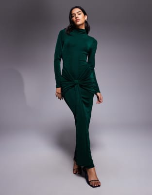 ASOS DESIGN - Langärmliges, anschmiegsames Maxikleid in Tannengrün mit Schärpe, gebundener Drapierung und Rückenausschni...
