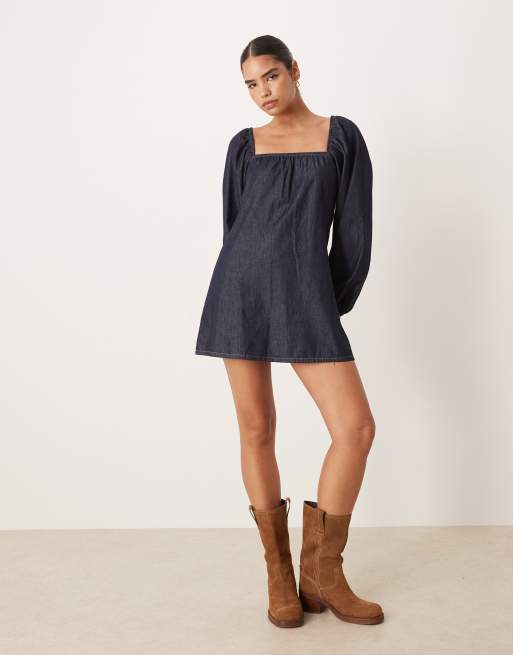 ASOS DESIGN – Langärmliges ausgestelltes Hemdblusenkleid aus Denim in Rinse-Waschung, 2 von 4