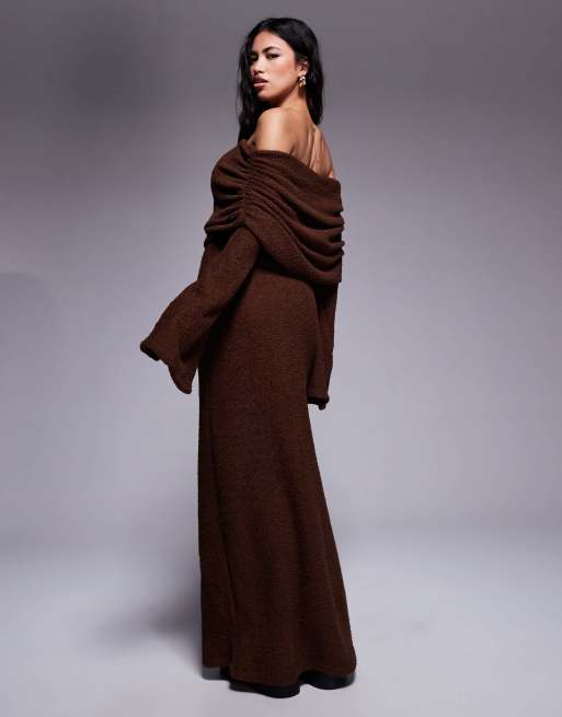ASOS DESIGN – Langärmliges Bardot-Midikleid aus flauschigem Material in Schokobraun, 2 von 4