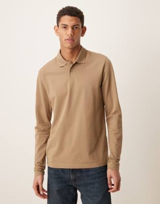 Langärmliges Basic-Polohemd aus Pikee in Braun mit Regular-Fit-Schnitt-Brown Brown XS