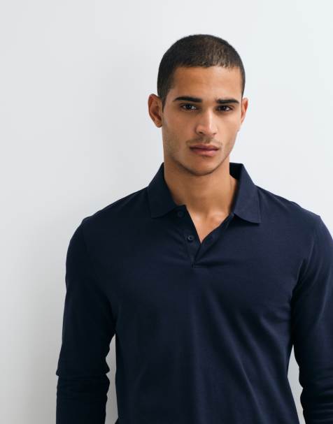 ASOS DESIGN – Langärmliges Basic-Polohemd aus Pikee in Marineblau mit Regular-Fit-Schnitt - view 1