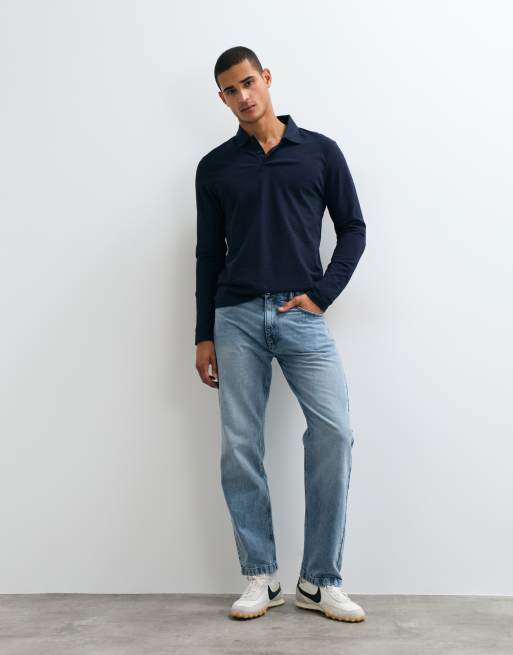 ASOS DESIGN – Langärmliges Basic-Polohemd aus Pikee in Marineblau mit Regular-Fit-Schnitt, 2 von 5