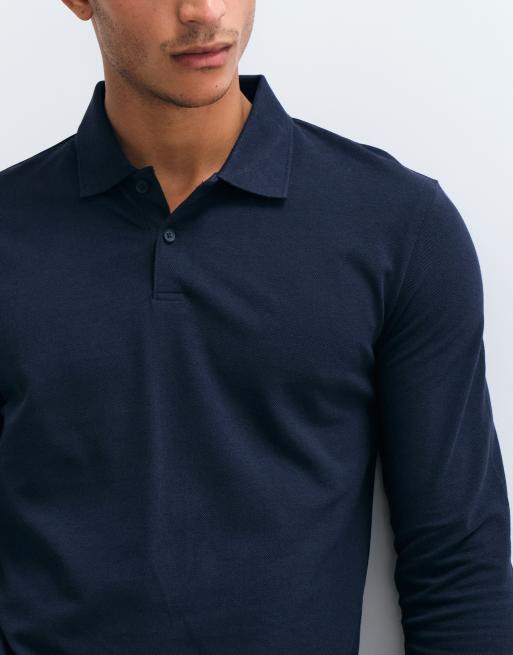 ASOS DESIGN – Langärmliges Basic-Polohemd aus Pikee in Marineblau mit Regular-Fit-Schnitt, 4 von 5