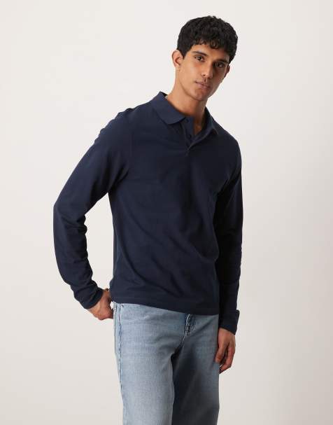 ASOS DESIGN – Langärmliges Basic-Polohemd aus Pikee in Marineblau - view 1