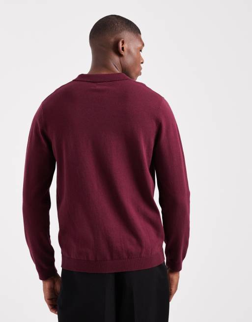 ASOS DESIGN – Langärmliges Basic-Polohemd aus Strickstoff in Burgunderrot mit eingekerbtem Ausschnitt, 3 von 5