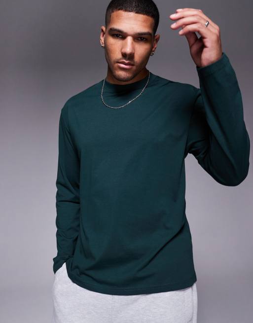 ASOS DESIGN – Langärmliges Basic-Shirt in Dunkelgrün mit lockerem Schnitt, Kombiteil