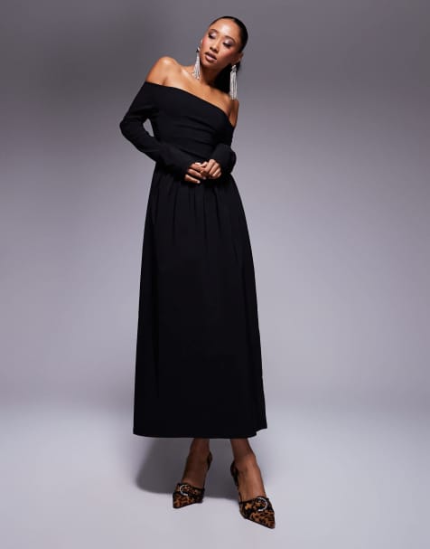 ASOS DESIGN – Langärmliges Bengaline-Midikleid in Schwarz mit Bardot-Ausschnitt - view 1
